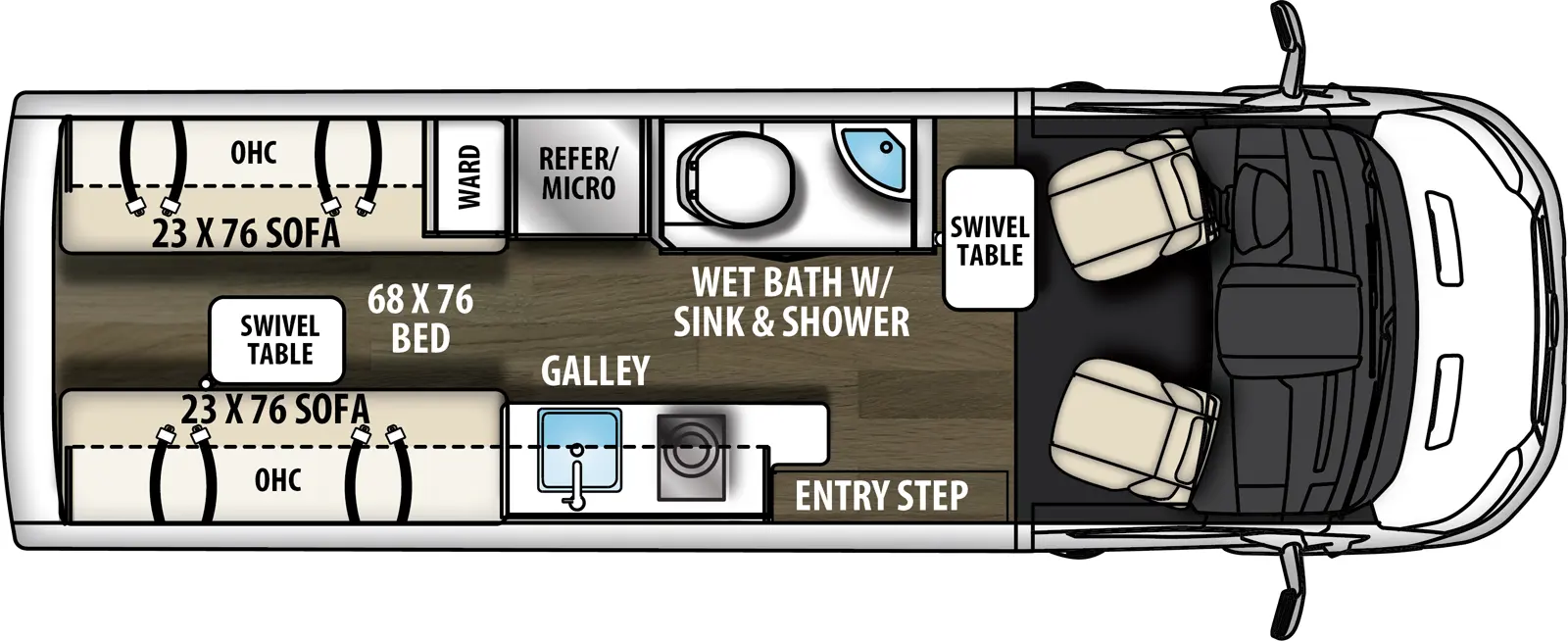 The Beyond 22D  has 0 slideouts and 1 entry door and rear doors. Interior layout from front to back; lagun table; door side Galley kitchen with LP cooktop and sink near entry; off door wet bath with toilet, convection microwave and refrigerator and wardrobe next to jump seat with overhead cabinets; door side 23 inch by 76 inch sofa with overhead cabinets; off-door side 23 inch by 76 inch sofa with overhead cabinets; lagun table; 68 inch by 76 inch bed from sofas